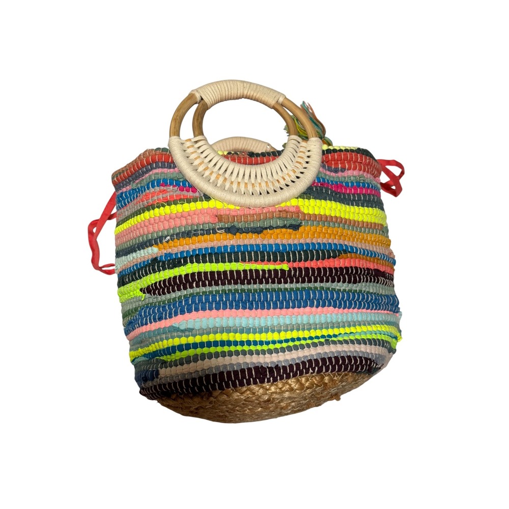 America & Beyond Multi Color Woven Jute Boho Tote Bag with Wooden Handles
